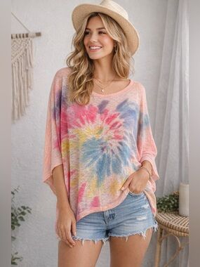 Phil Love Colorful Tie Dye Oversized Batwing Knit Top Boho Lagenlook Festival 2X